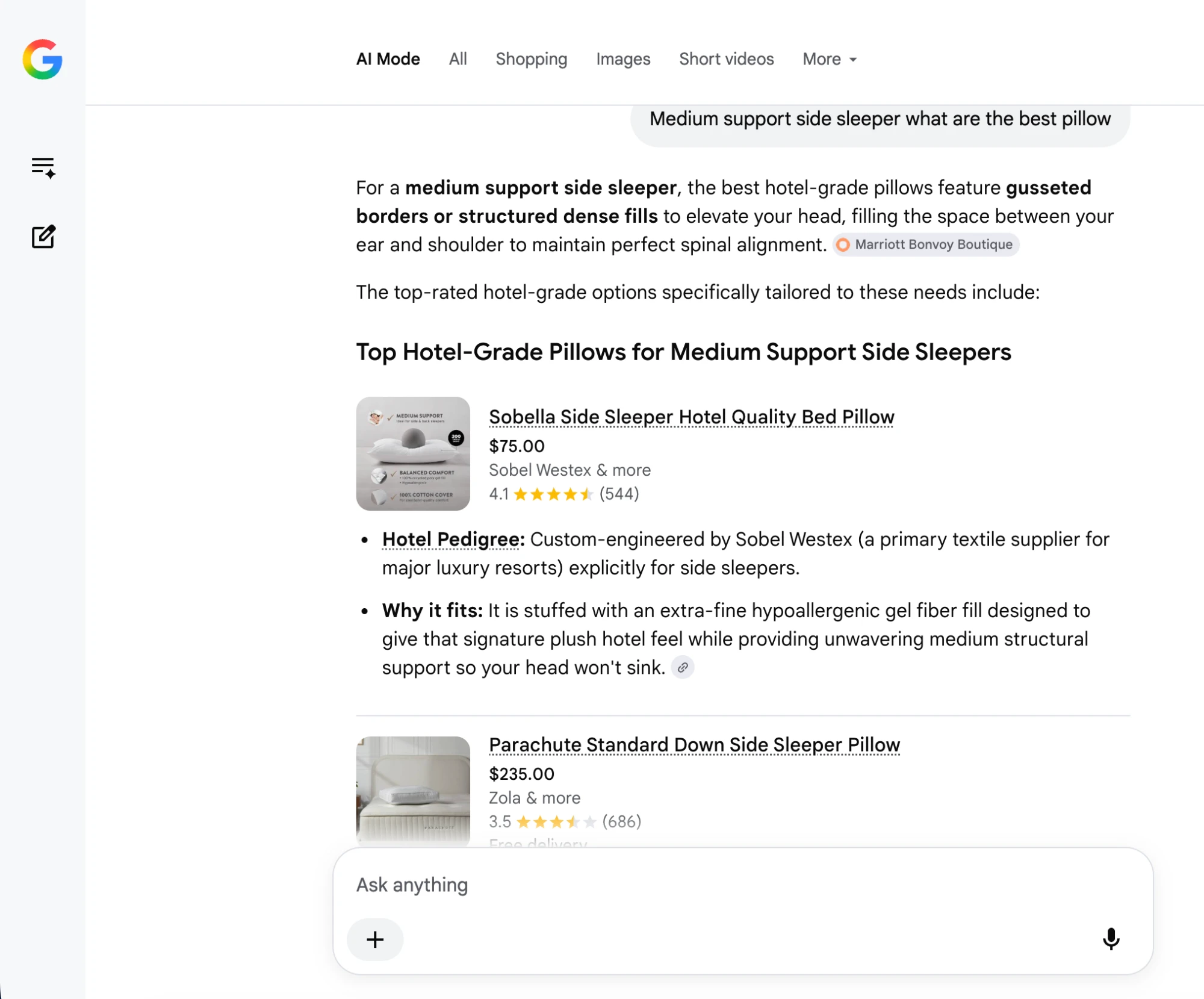 Google AI search recommending hotel grade pillows with a star rating shown for each product