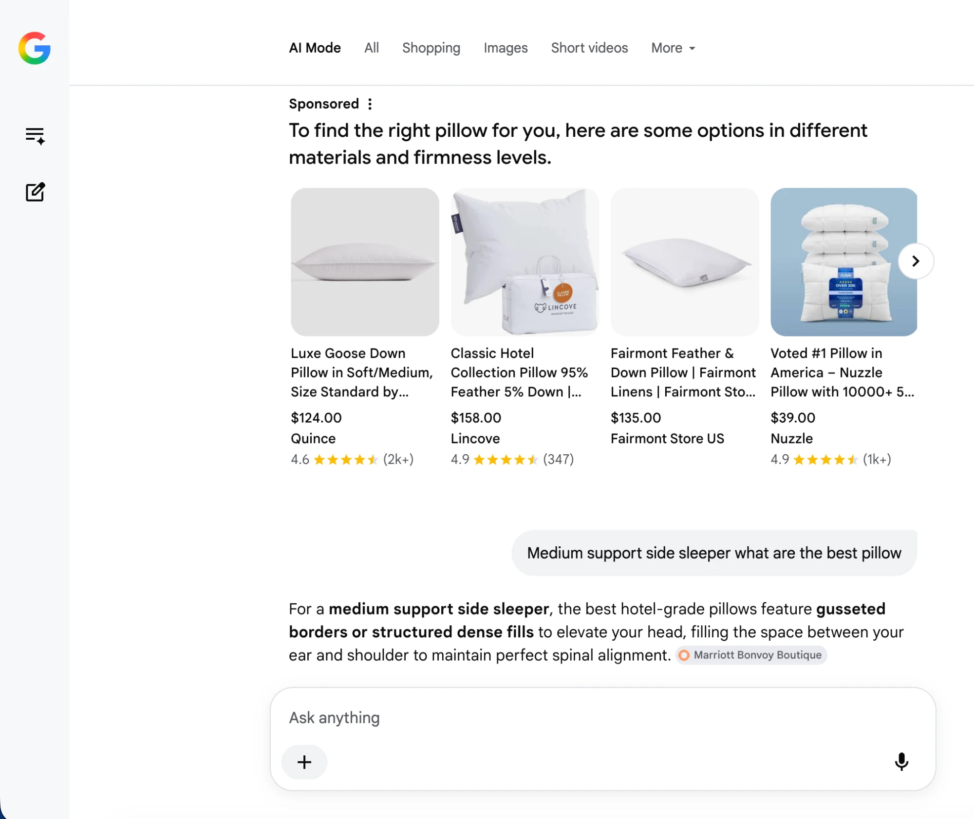 Google AI search showing pillow product recommendations with star ratings and review counts
