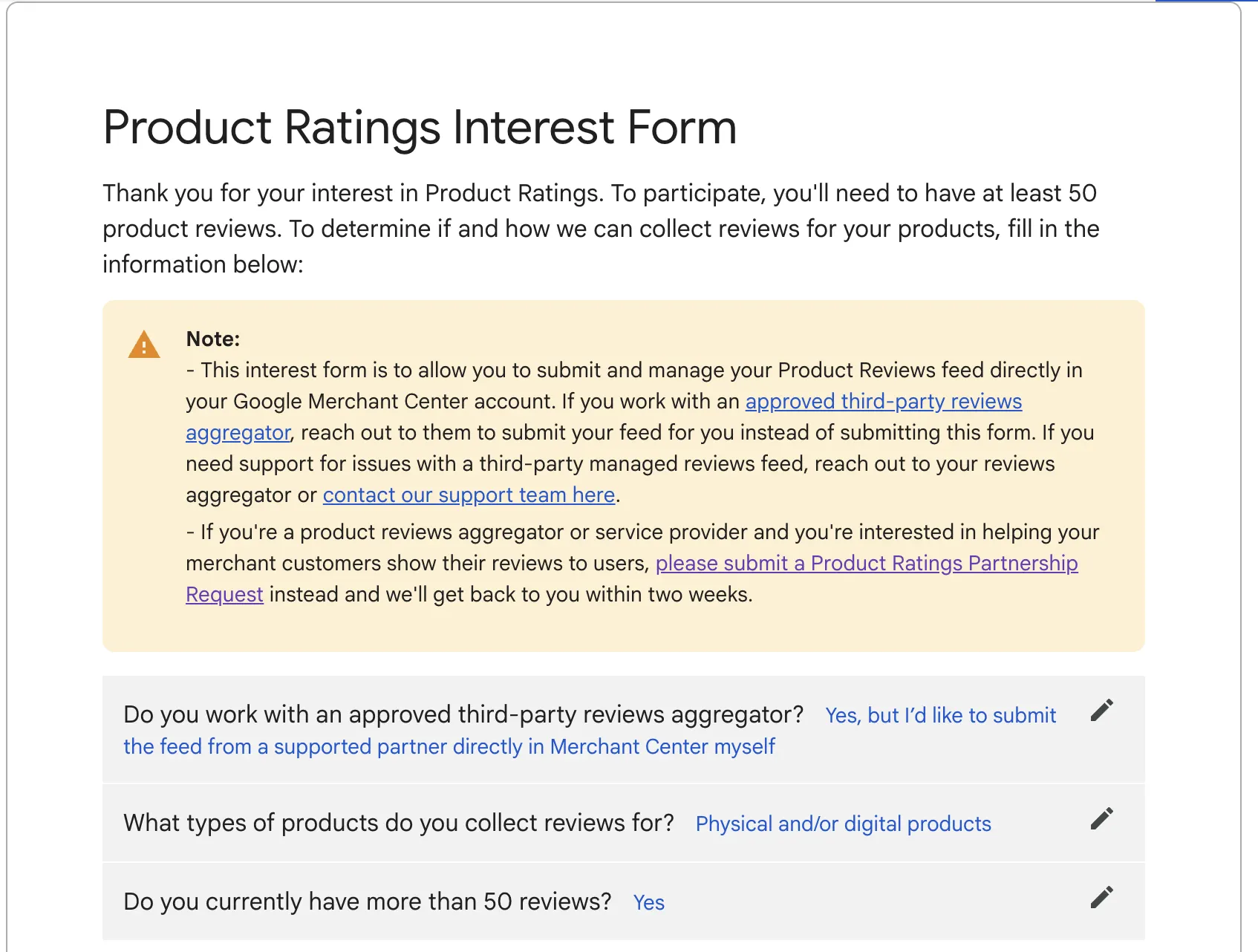 Google Product Ratings Interest Form, fill out this form to apply for star ratings on Google Shopping