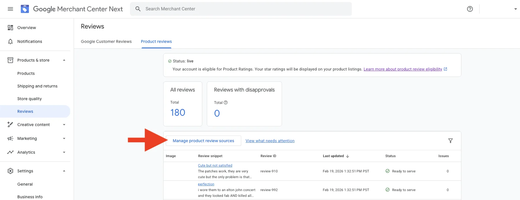 Google Merchant Center Product Reviews page showing Manage product review sources button