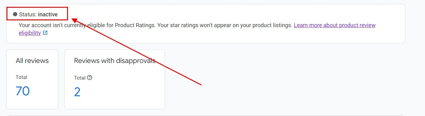 Google Merchant Center product review feed showing Inactive status