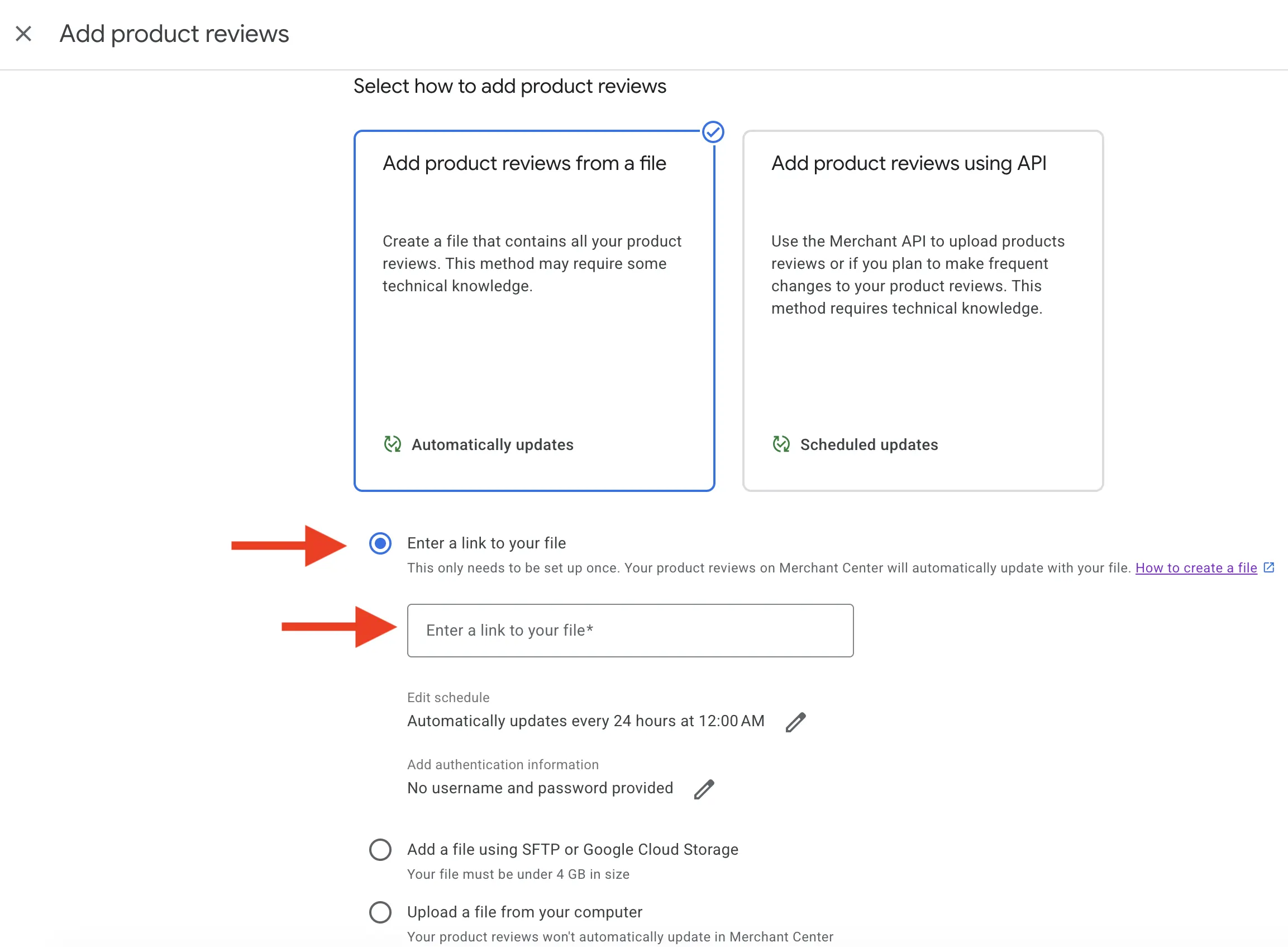 Google Merchant Center, Enter a link to your file, pasting the hosted Review2XML feed URL