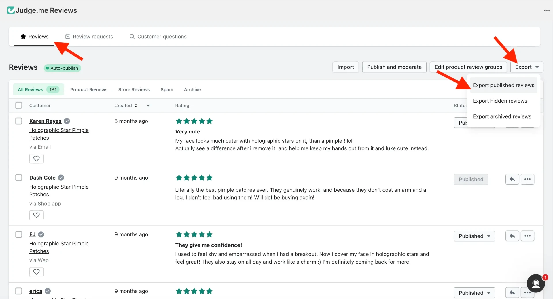 Judge.me Shopify export page, click Export to download published reviews as CSV for Google Shopping