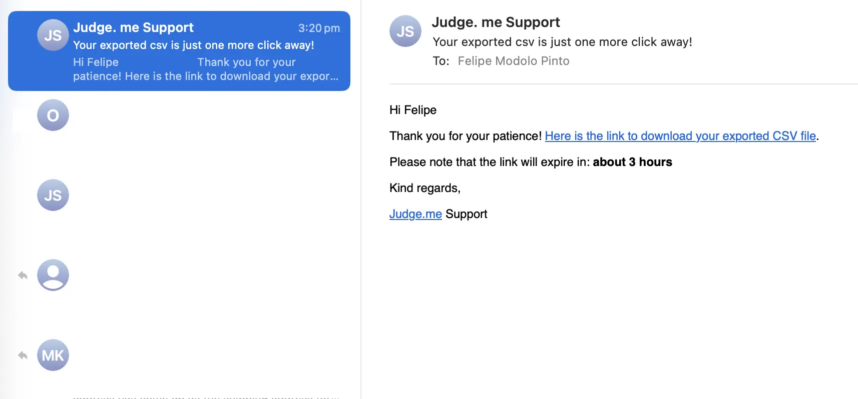 Judge.me email with CSV attachment, your review export arrives by email ready to download