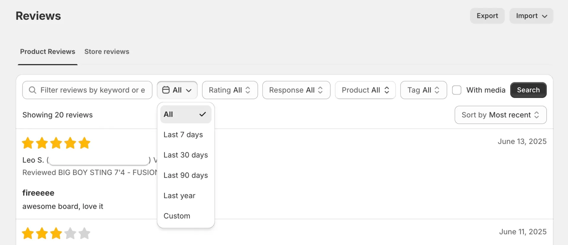 Junip Reviews page with Product Reviews tab and date filter set to All