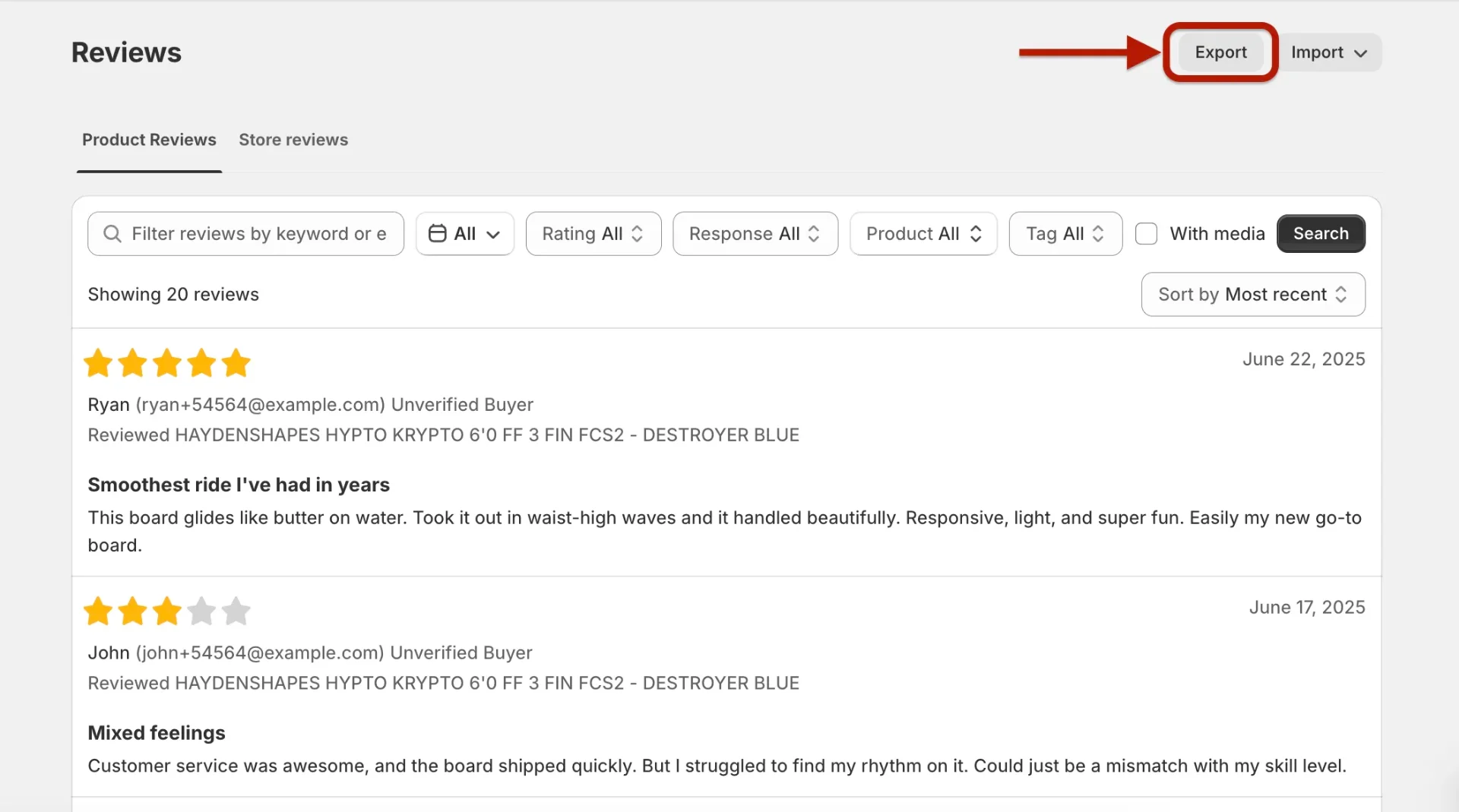 Junip Reviews page with Export button highlighted
