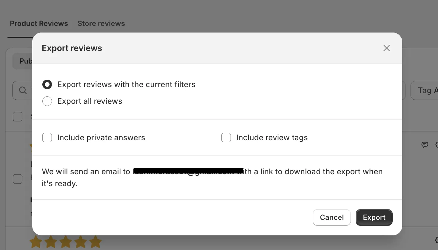 Junip export popup with Export all reviews and Include review tags