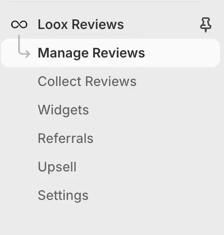 Loox app in the Shopify Admin left sidebar, click to open the Loox review management dashboard