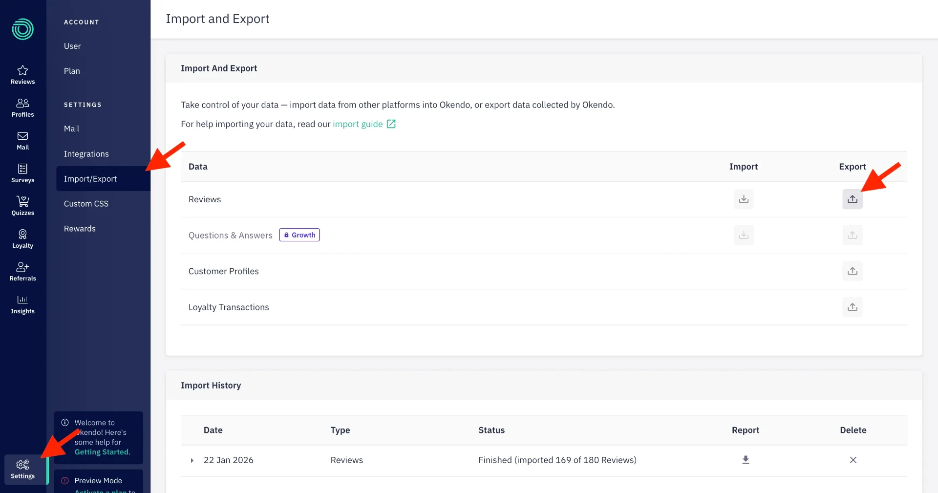 Okendo export page, select All Time and click Request Export to generate your CSV