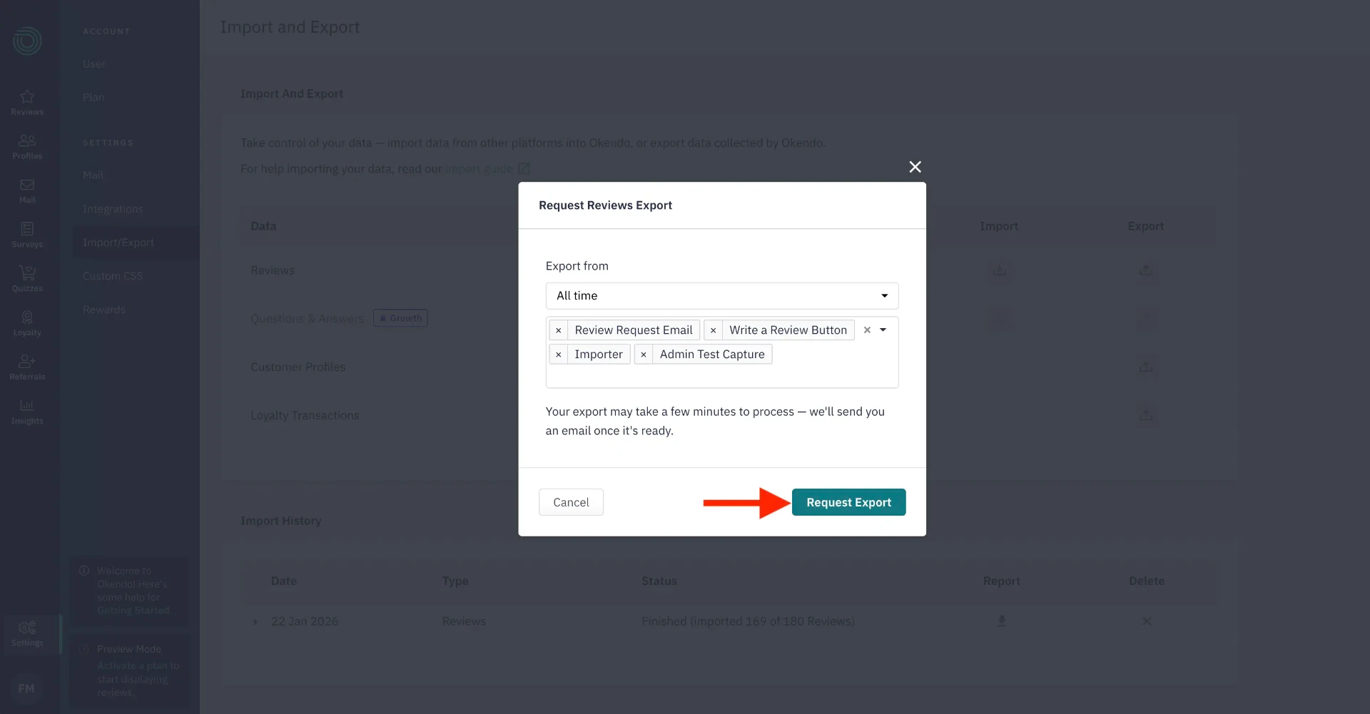 Okendo confirm export popup, click Confirm to start generating the CSV export of all your reviews