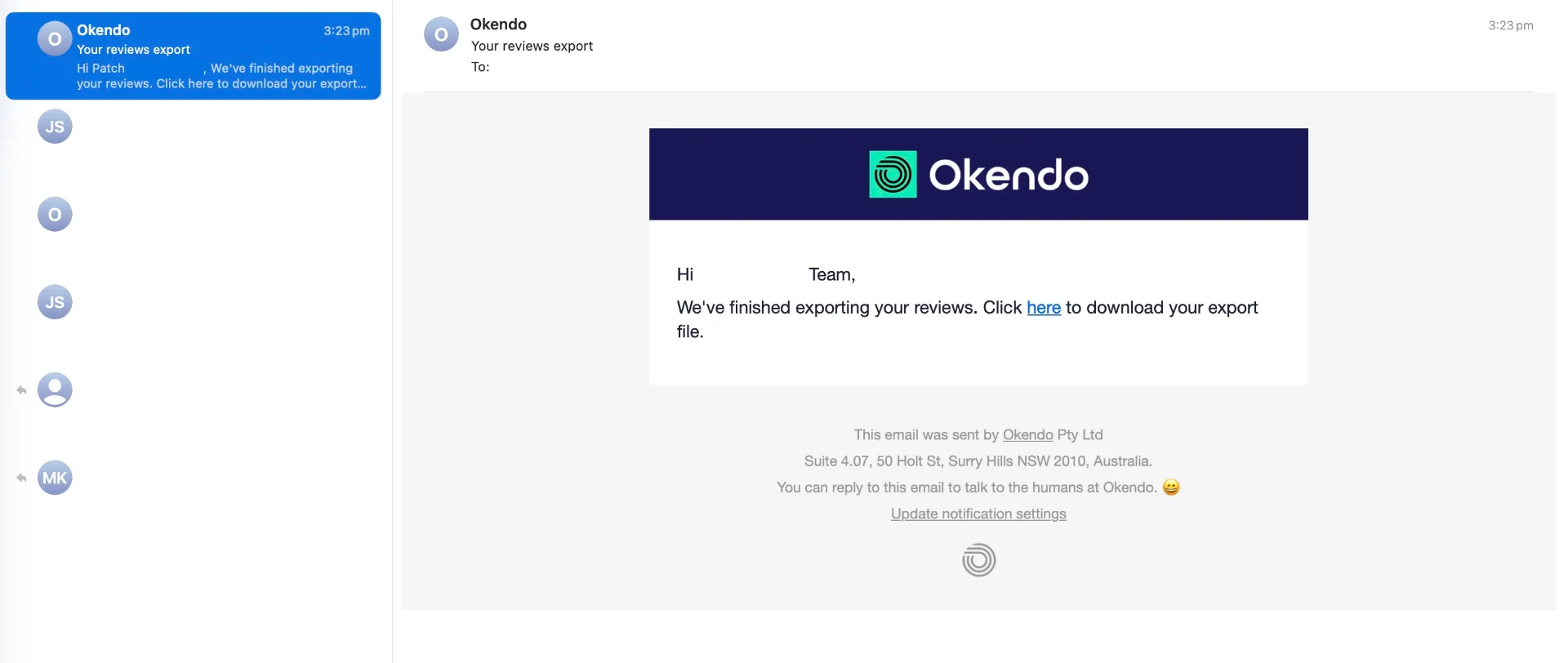 Okendo email with CSV export, your review file is delivered to your inbox ready to download