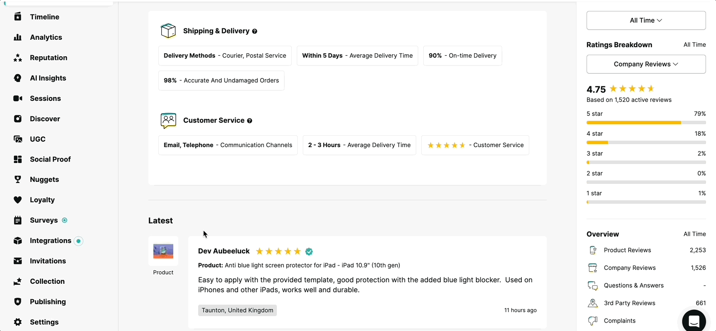 Reviews.io export page showing Product Reviews section