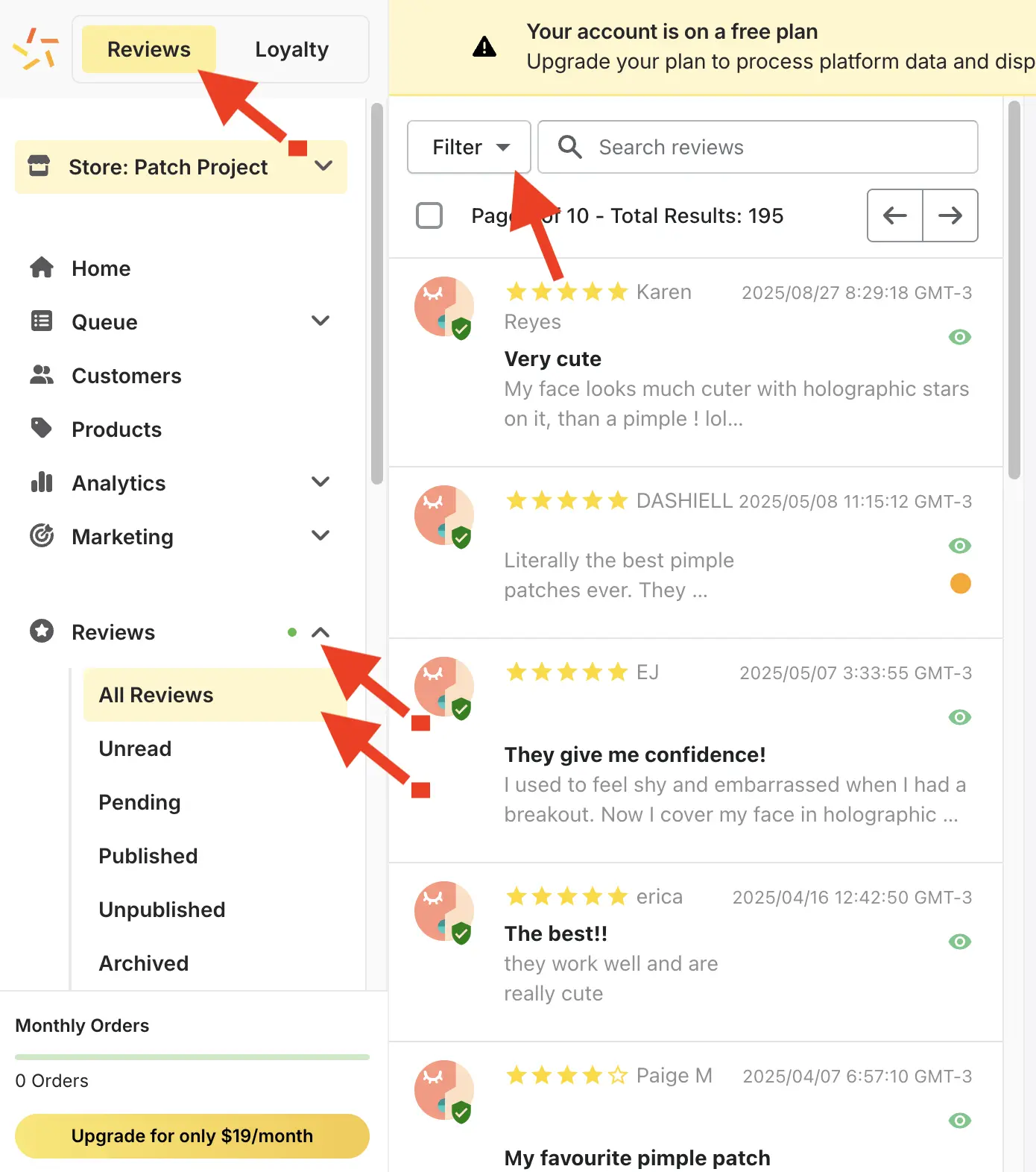 Stamped.io dashboard showing Reviews app selected with All Reviews