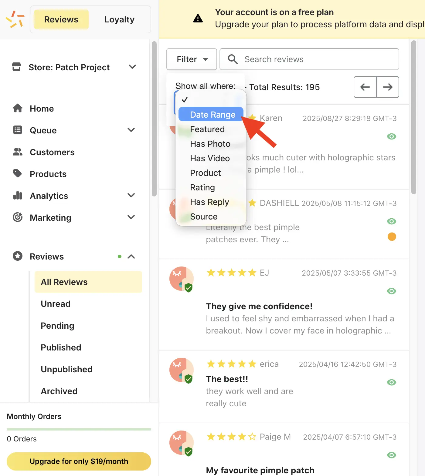 Stamped reviews Filter dropdown showing Date Range option