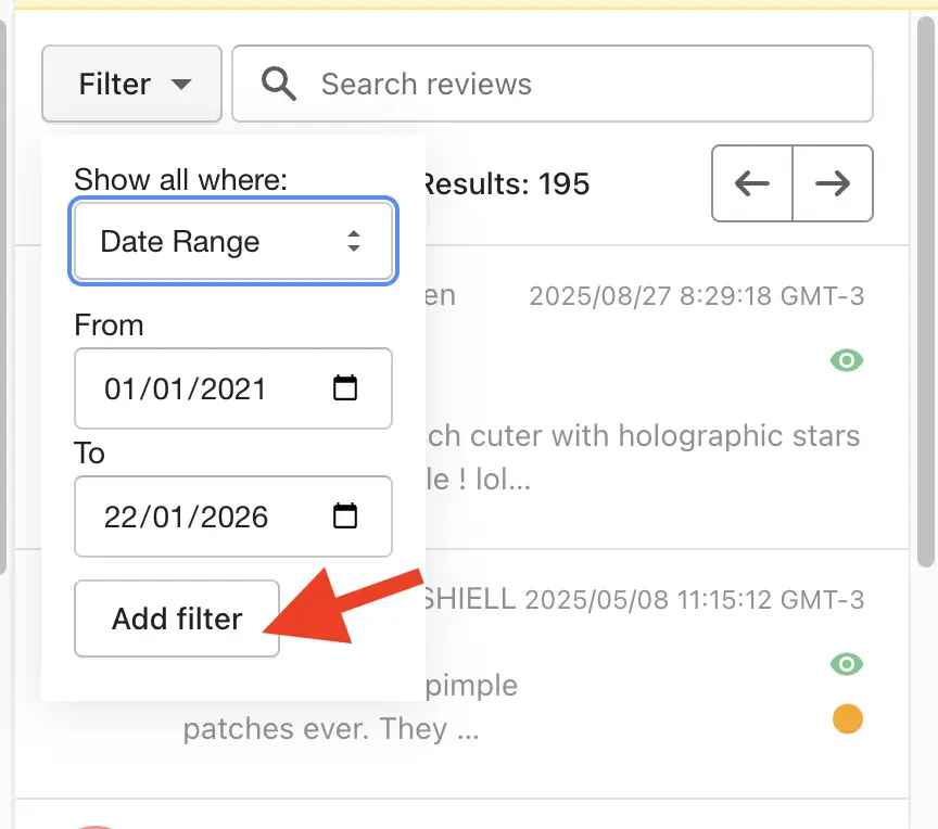 Stamped date range filter with Add Filter button
