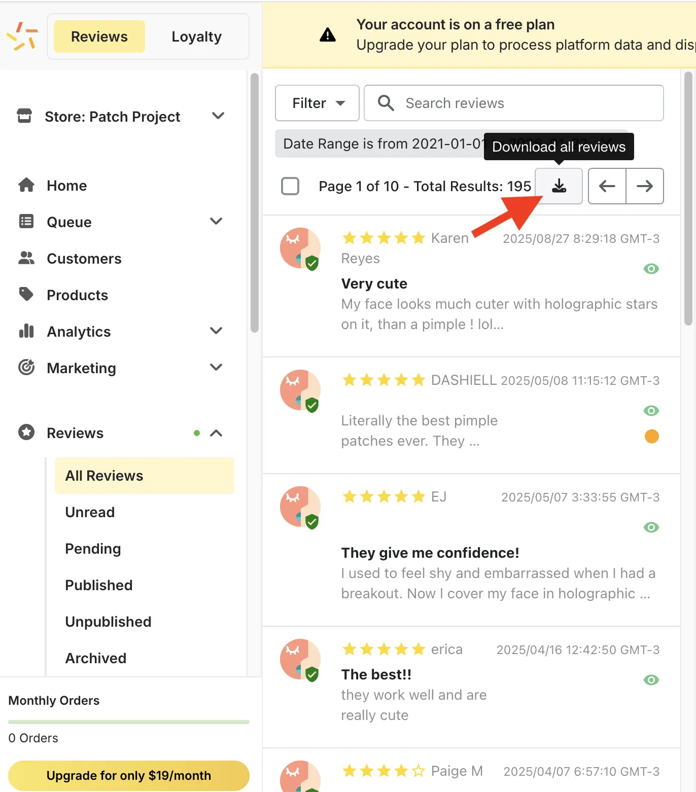 Stamped All Reviews page with Download All Reviews button