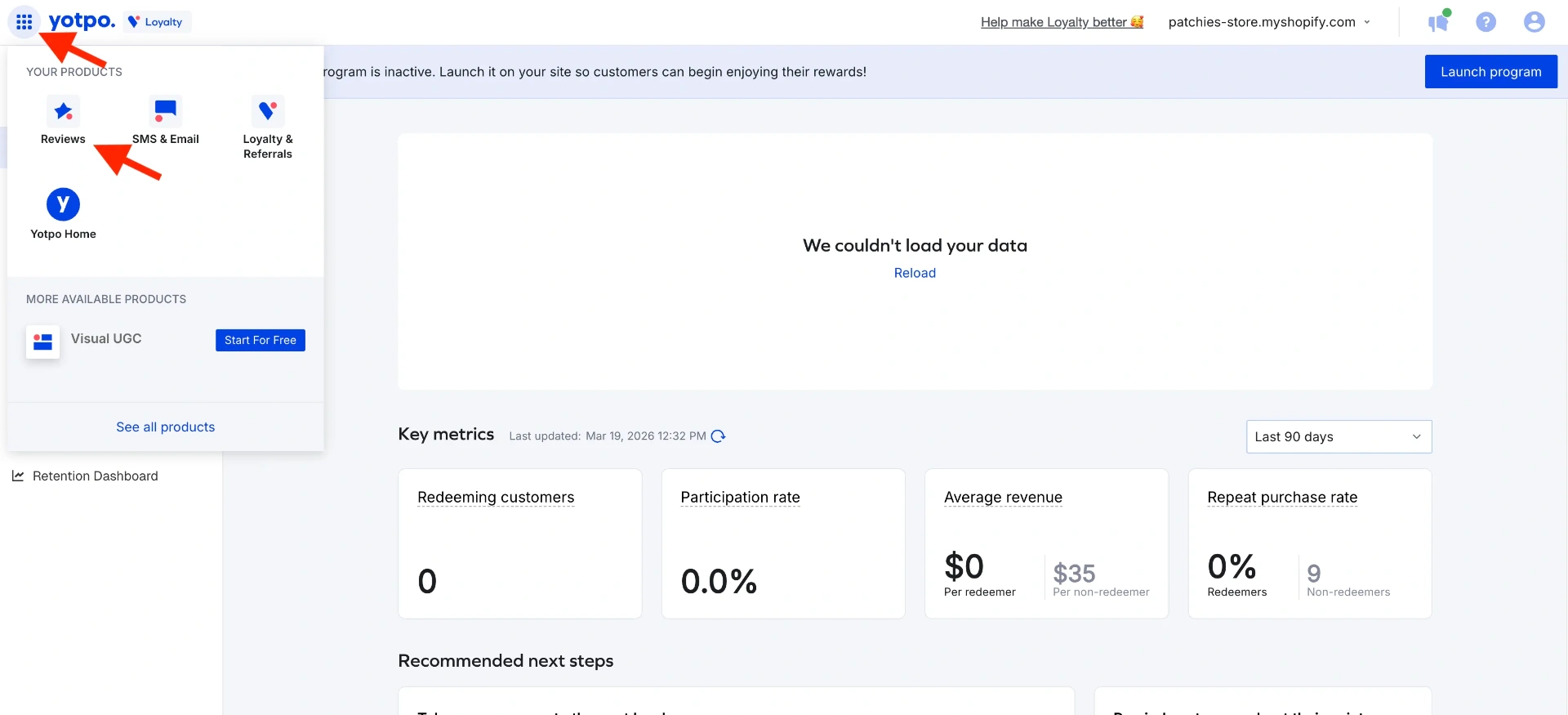 Yotpo app switcher, switch from Loyalty app to Reviews app to access review export