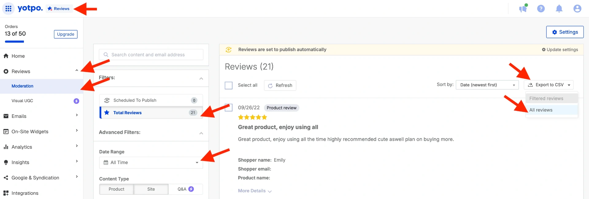 Yotpo reviews moderation screen, export to CSV option for all time date range