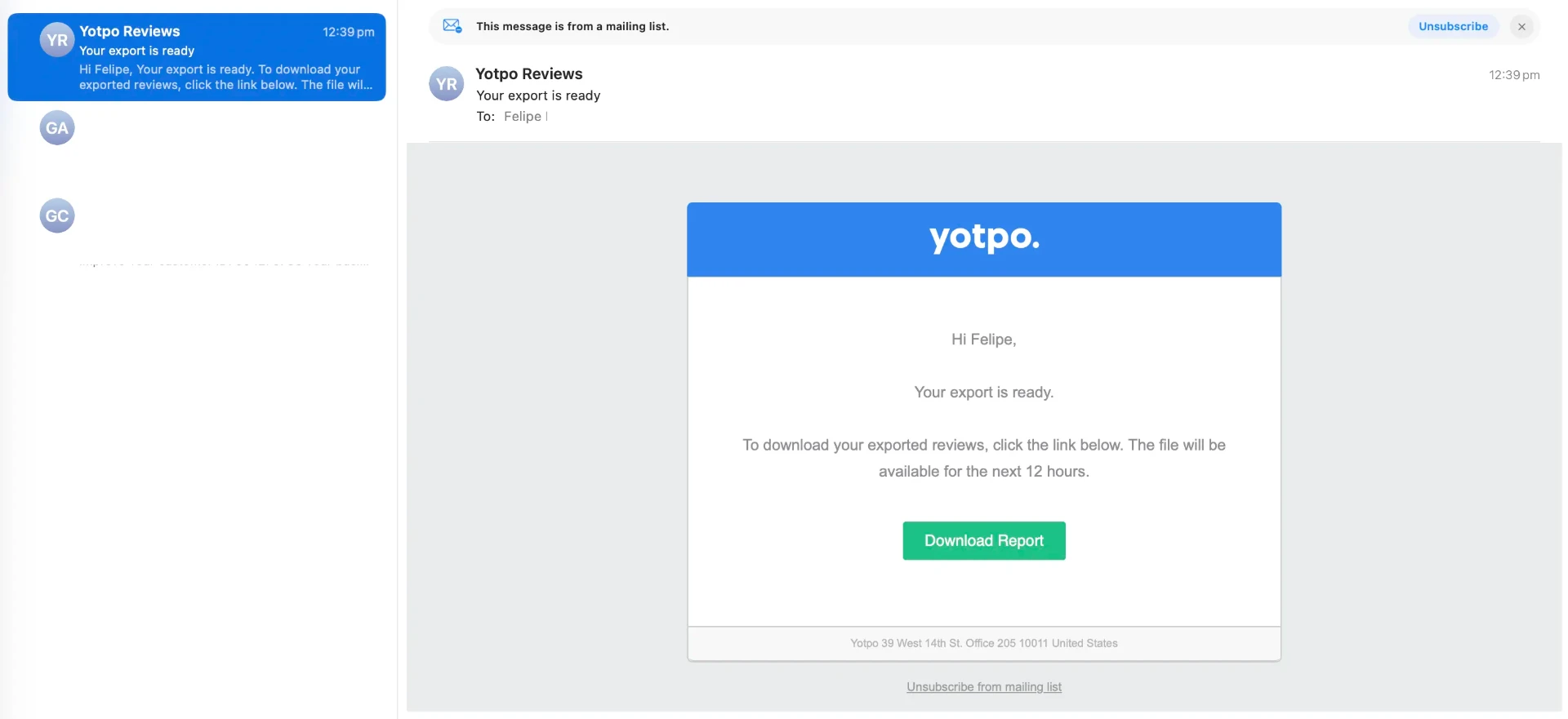 Yotpo export email with CSV attachment, review file delivered to inbox ready to download